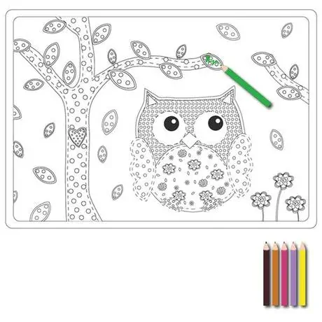 Prostírání omalovánky 5 ks sovy + pastelky