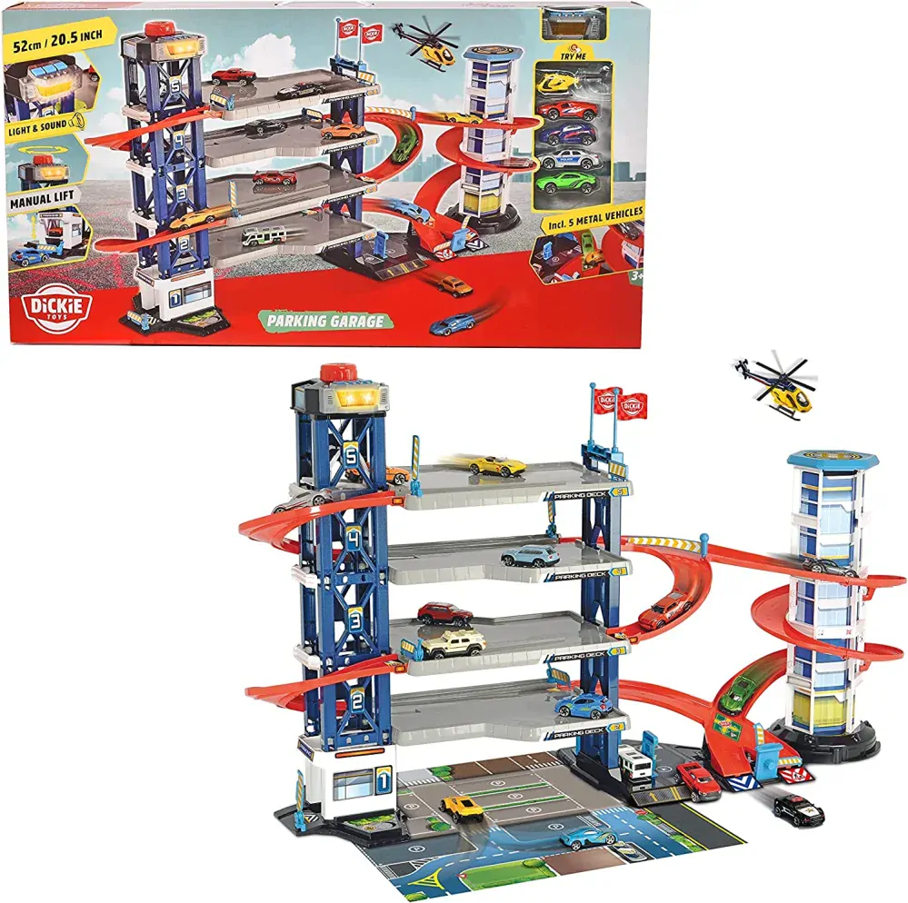 Dickie Toys Velká parkovací garáž 87 cm s autíčky a helikoptérou