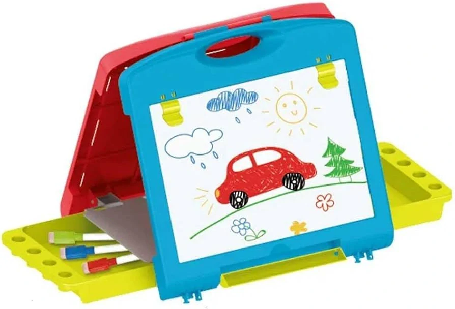Kreslící tabulka s kufříkem, pastelky, houbička a magnetky s čísly a písmeny 50 x 35 cm