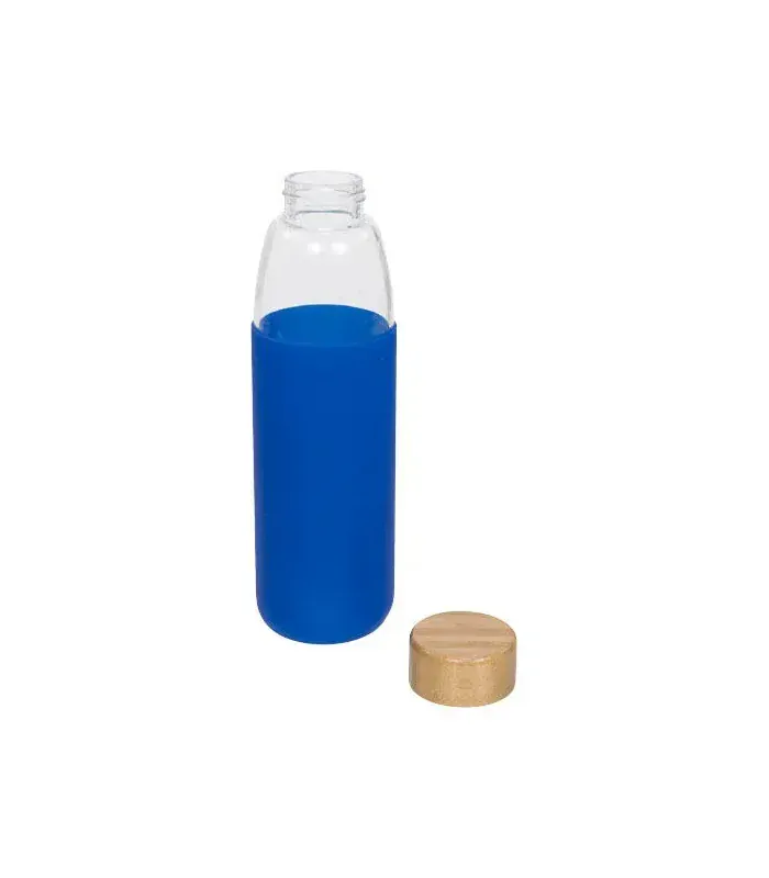 Skleněná sportovní láhev Kai 540 ml s dřevěným uzávěrem modrá