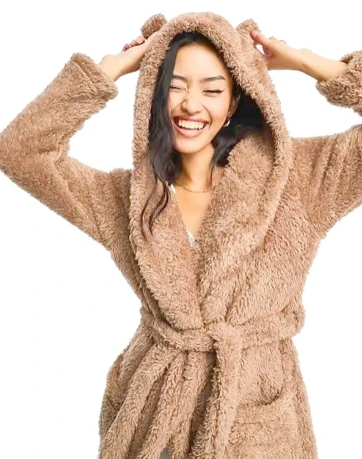 Luxusní dámský světle hnědý župan Luxury a kapucí s ušima pejsek S, M, L