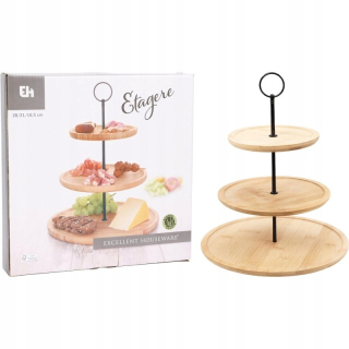 Podnos Koopman 3-úrovňový kulatý béžový dřevěný s úchytem